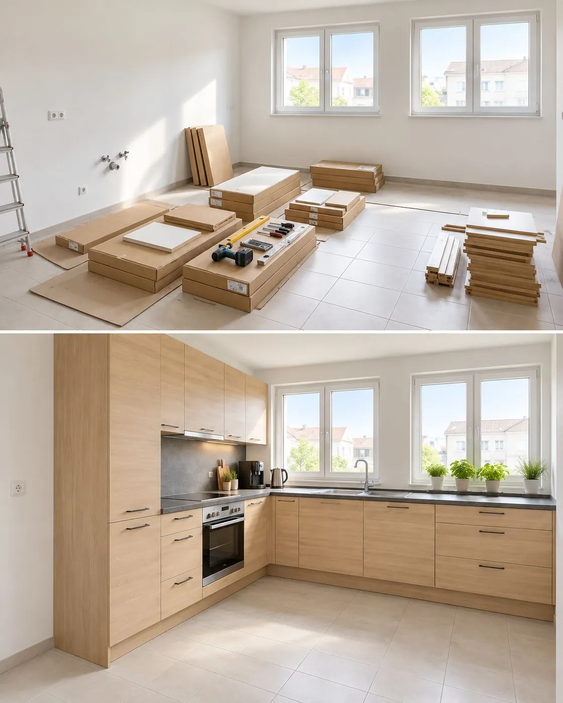 Küchenmontage vorher und nachher: Bauteile und fertige Einbauküche
