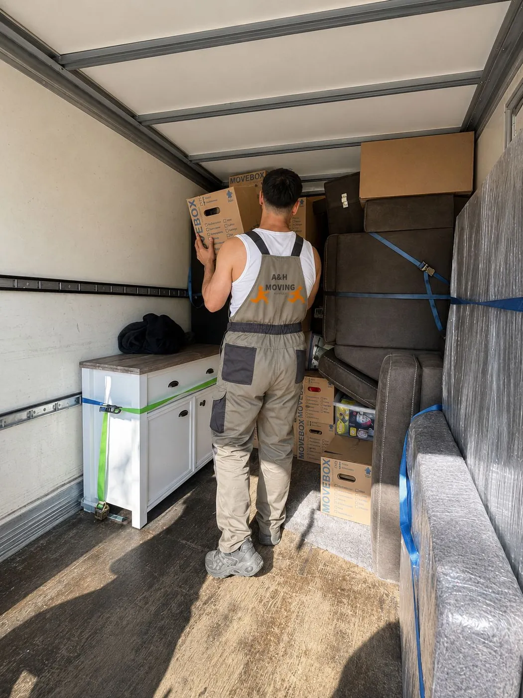 Erfahrene Umzugshelfer beim sorgfältigen Möbeltransport